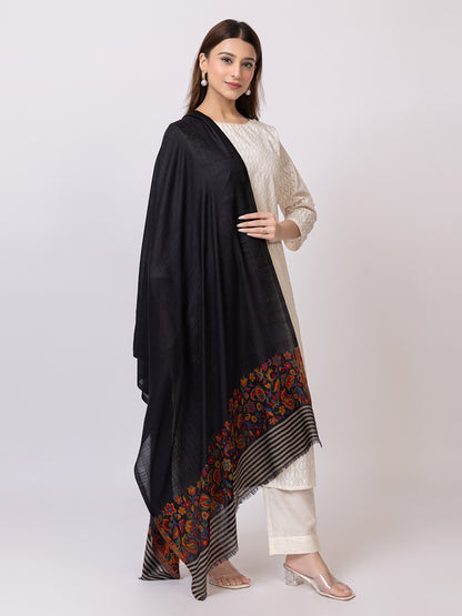 Tillaari Black Stole with Striped Edge and Multicolor Floral Border
