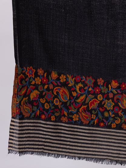Tillaari Black Stole with Striped Edge and Multicolor Floral Border