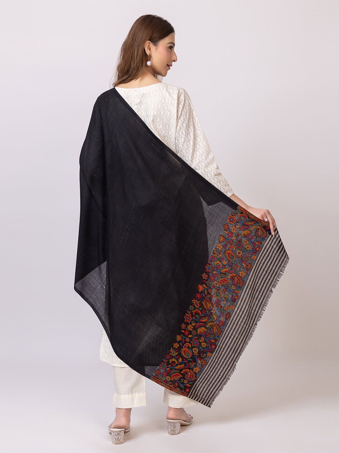 Tillaari Black Stole with Striped Edge and Multicolor Floral Border