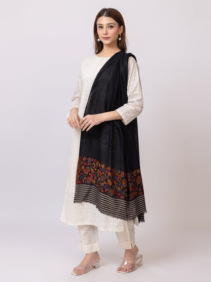 Tillaari Black Stole with Striped Edge and Multicolor Floral Border
