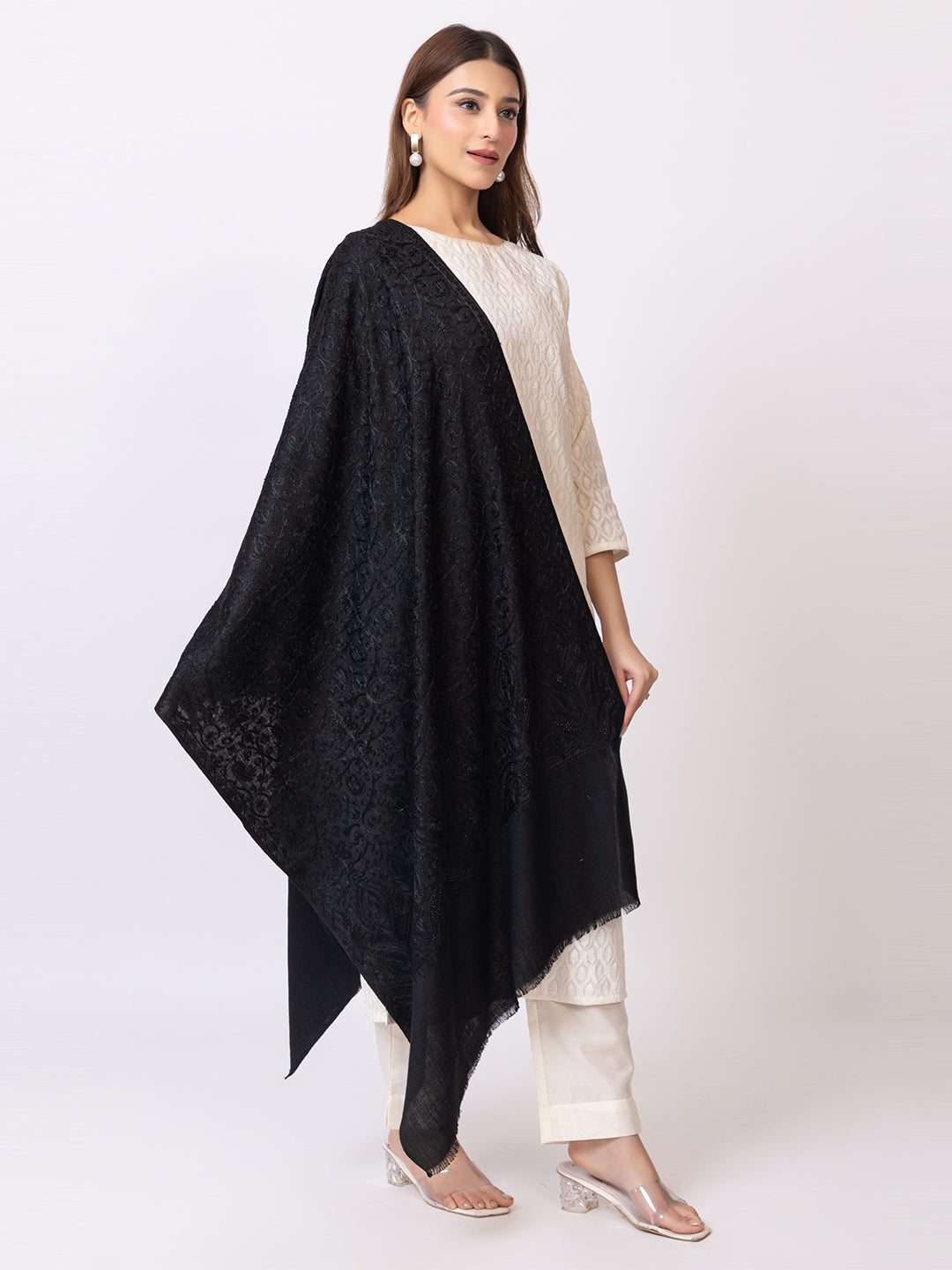 Tillaari Black Aari Embroidered Stole with Stone Work