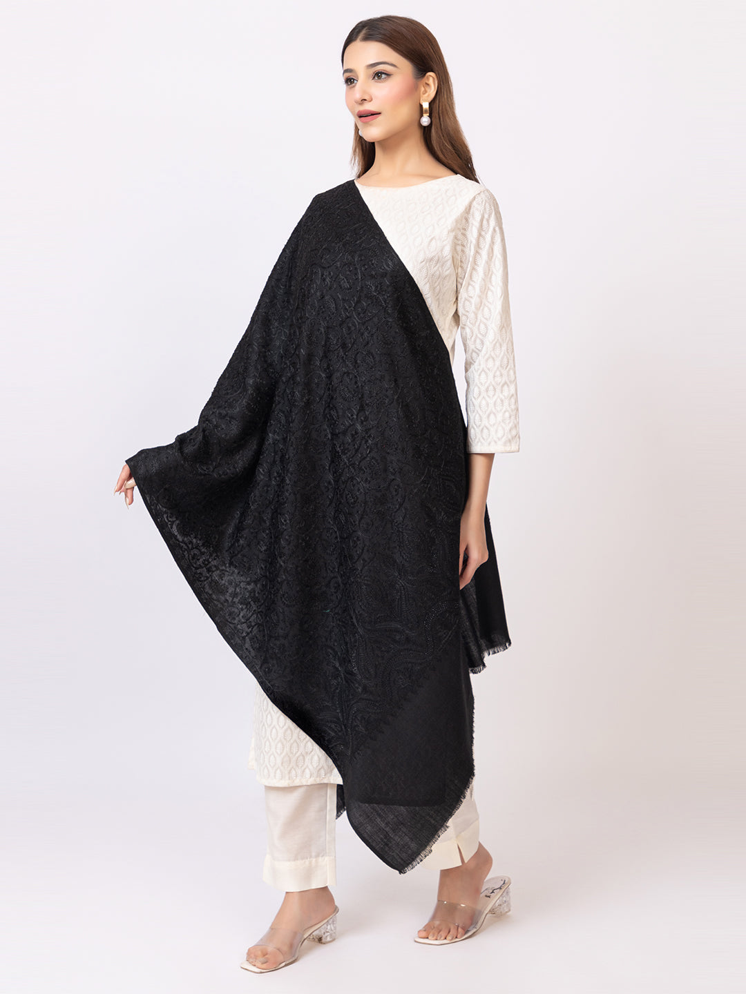 Tillaari Black Aari Embroidered Stole with Stone Work