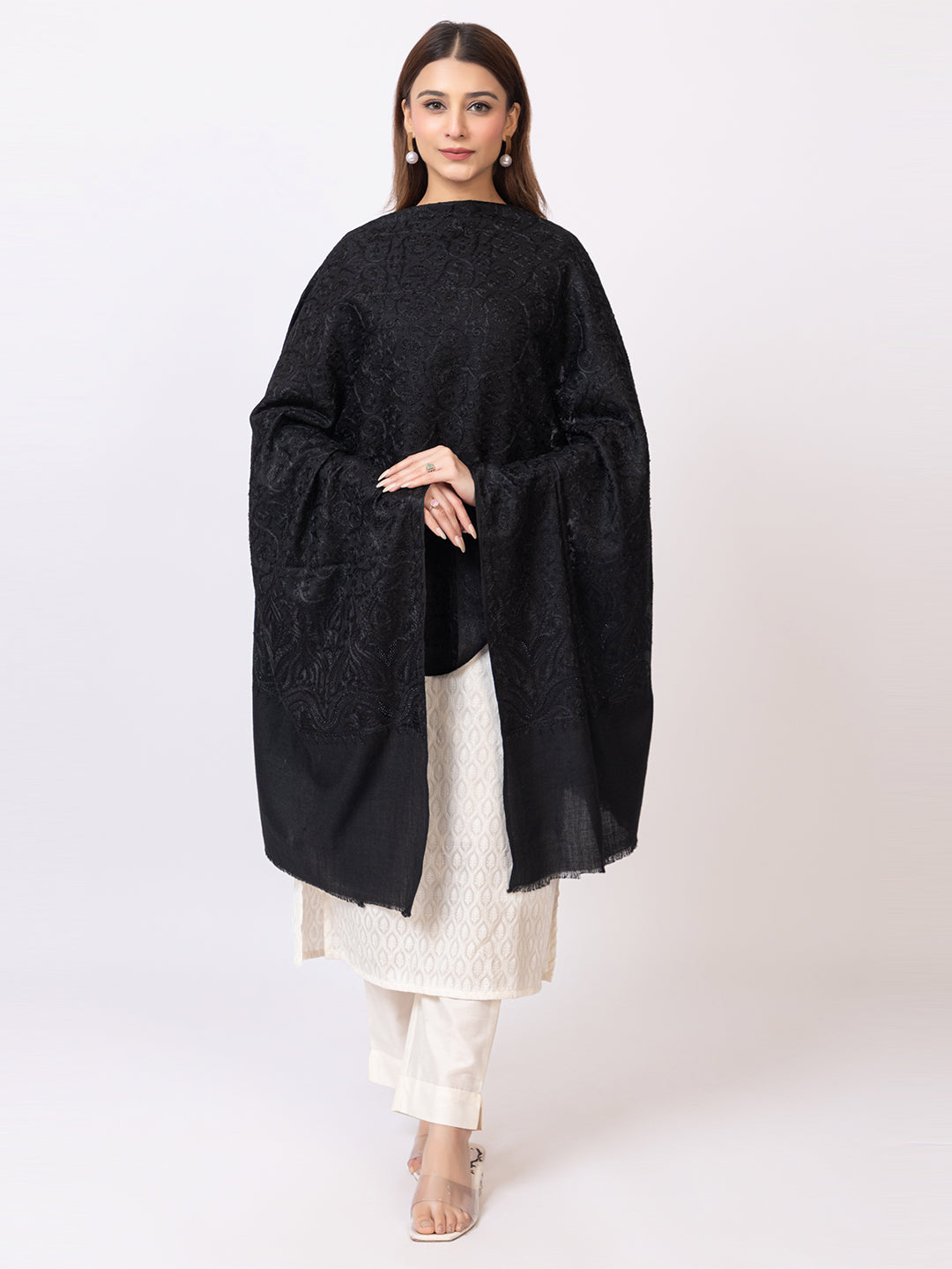 Tillaari Black Aari Embroidered Stole with Stone Work