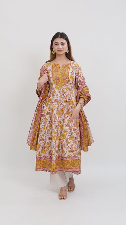 Tillaari White & Mustard Chintz Printed Anarkali Kurta Set with Dupatta