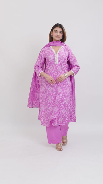 Tillaari Lavender Bandhani Printed Straight Kurta Set with Dupatta