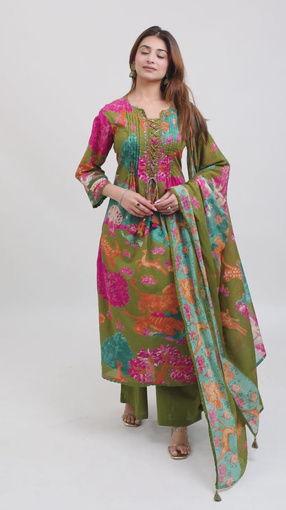 Tillaari Olive Green Printed Straight Kurta Set with Dupatta