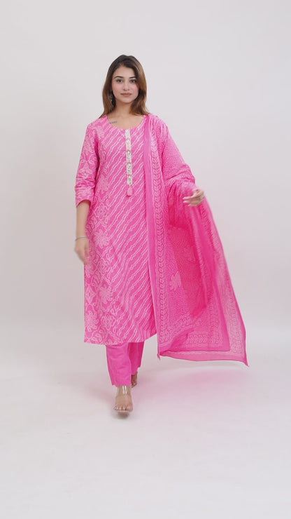 Tillaari Pink Bandhani Printed Straight Kurta Set with Dupatta