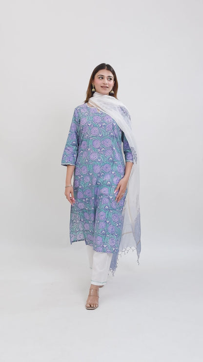 Tillaari Blue Printed Straight Kurta Set with Kota Doriya Dupatta