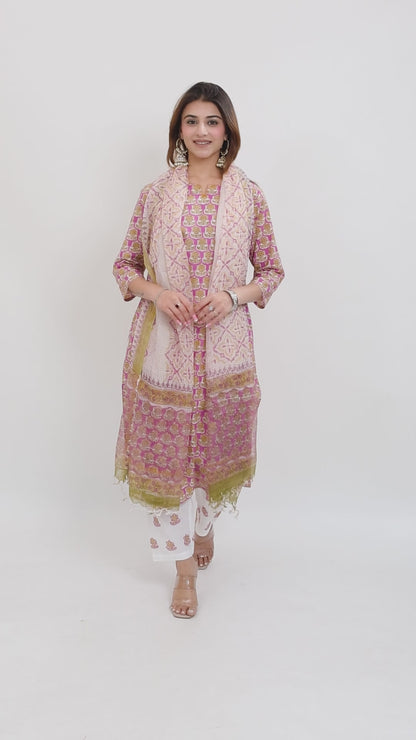 Tillaari Lavender Printed Straight Kurta Set with Kota Doriya Dupatta