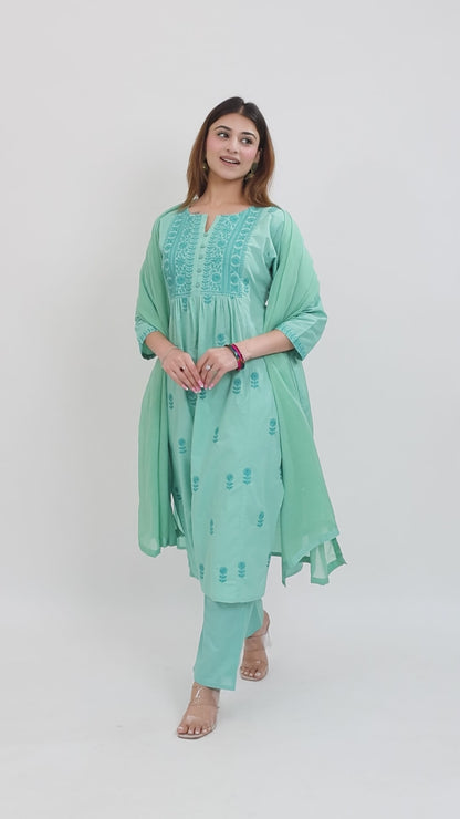 Tillaari Mint Green Embroidered Straight Kurta Set with Dupatta