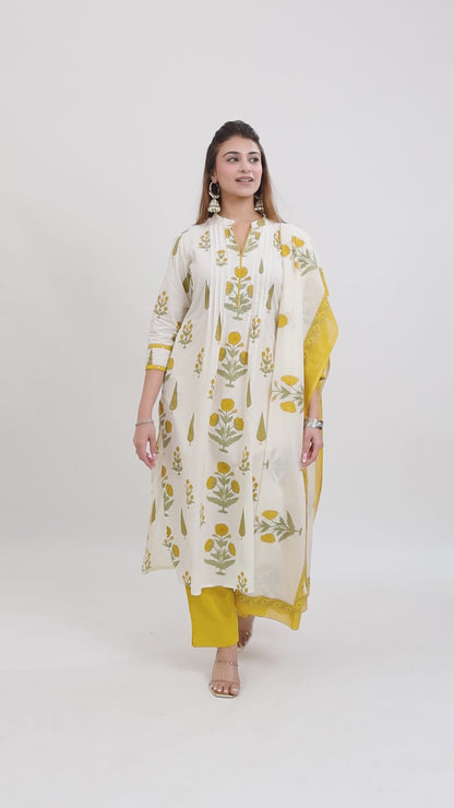 Tillaari Cream & Yellow Genda Floral Printed Straight Kurta Set with Dupatta
